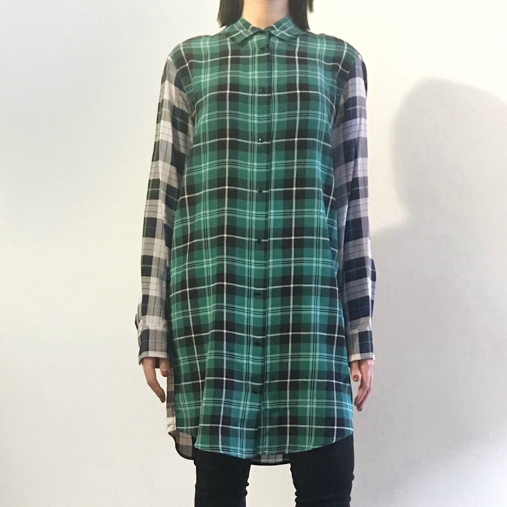 Sandro Long Sleeve Plaid Silk Shirtdress, Size 1